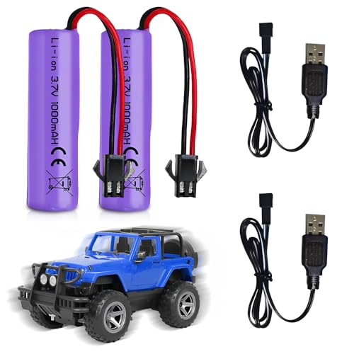 NAVESO 2 Pièces 3.7V 1000mAh Batterie au Lithium, 3.7V Rechargeable Li-ION Battery avec 2 Chargeur USB SM-2P, Batterie au Lithium pour Voitures Rc,Buggys,...