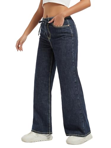 Women's Tummy Control Wide Leg Pants High Waisted Elastic Waist Drawstring Straight Leg Jeans Joggers with Pocket2