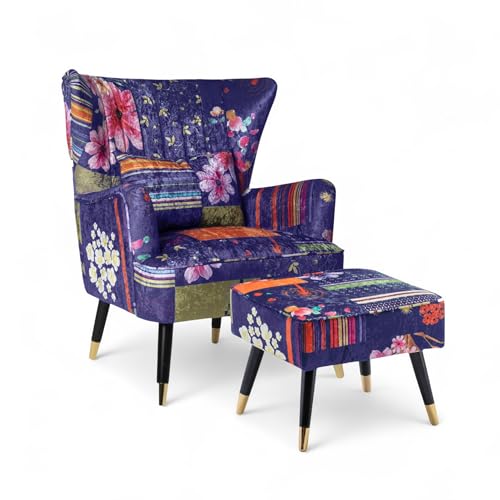 Multicoloured Patchwork Fabric Wingback Armchair with Footstool – Colourful Fireside Lounge Chair for Living Room or Bedroom