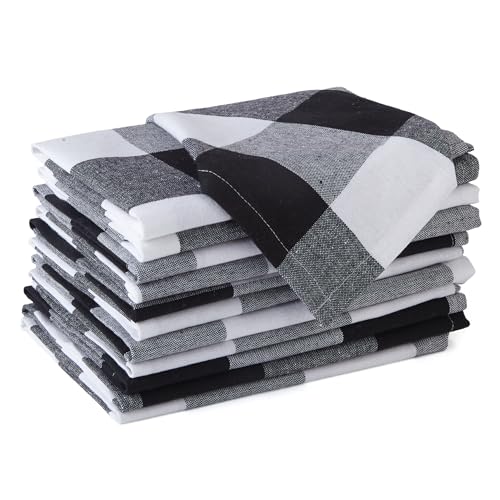 Image of Encasa XO Dining Table Napkins Set of 12, 43x43 cm | Machine Washable Reusable, Recycled Cotton Cloth Napkin, Soft & Absorbent, Table Decor for Hotels, Farmhouse - White & Buffalo Black Checks