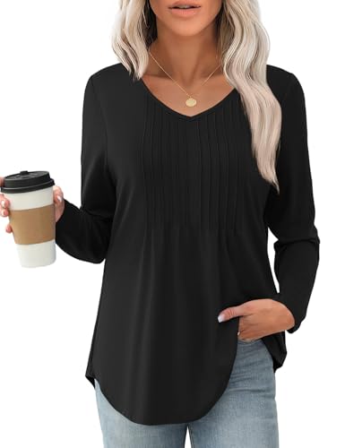 JUSTFASHIONNOW Black Shirts for Women Trendy Long Sleeve Tops Plus Size Dressy Blouses Pleated Maternity V Neck Shirt Tunics Early Fall Fashion (Black, XX-Large) — view 4