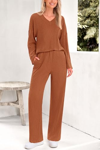 PRETTYGARDEN 2 Piece Sets for Women Fall 2025 Soft Comfy Lounge Long Sleeve Pajamas Set Knit Postpartum Pj Outfits Clothing