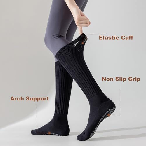 Pilates Socks with Grips for Women, 3 Pairs Long Scrunch Non Slip Yoga Barre Workout Slouch Socks4