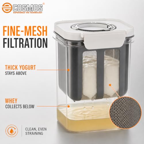 Image of E-COSMOS Multipurpose Greek Yogurt & Curd Strainer with Date Tracker, 1100ml BPA-Free Fine Mesh Filter for Whey Separation & Cheese Making, Multi-Color (Lock and Date)