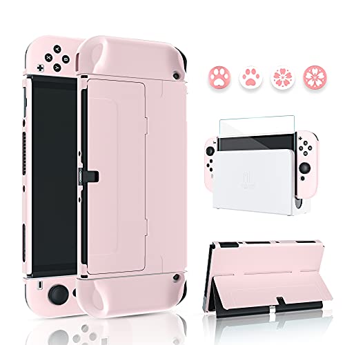 FANPL Funda para Nintendo Switch OLED, Cubierta rígida de PC para Switch OLED y Controlador Joy con, Funda Protectora con Protector de Pantalla y 4 Tapas de Agarre Pulgar (Rosa) Cover