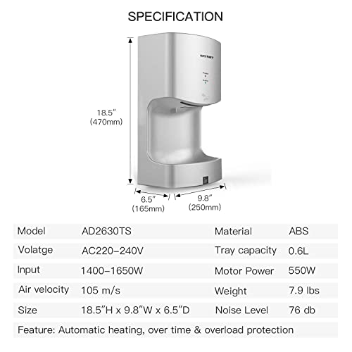 anydry 2630TS Automatischer Händetrockner Elektrisch Für Wandmontage,Mit Ablaufwanne,ABS Gehäuse,1400-1650W.(Silver)
