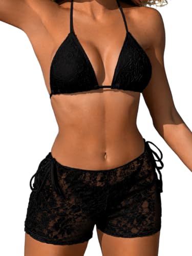Women's Halter Triangle String Bikini Sets, Floral Lace Cheeky 3 Piece Swimsuit with Shorts, Beach Pool Party