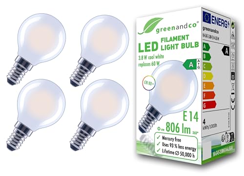 greenandco 4 lampadine a filamento LED | smerigliate | E14 G45 | 3,8 W 806 lm | sostituisce 60 W | 6500 K bianco freddo | 320° | 230 V | senza sfarfallio | Classe energetica A | non dimmerabile