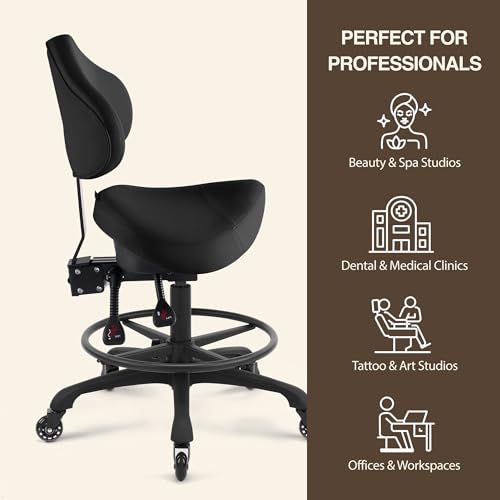 Image of Pneumatic Swivel Rolling Saddle Chair with Wheels and Ergonomic Back Support for Hair Stylist, Dental Hygienist, Hygienic Clinic, Spa, Massage, Home, Office - Black Vinyl Leather - 510 KOA