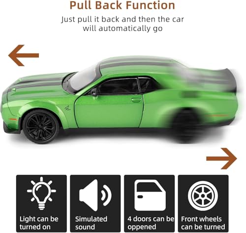 Image of WORSHIPER 1:22 Dodge Challenger SRT Exclusive Alloy Metal Pull Back Die-cast Car Model with Sound Light Mini Auto Toy for Kids for Toy Car with Sound and Light (1:22 Dodge Challenger SRT - Green)