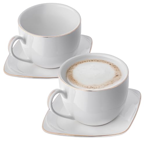 KADAX Juego de 2 tazas con platillos de porcelana, 250 ml, apilables con platillos para té, café y capuchino (redondo, blanco y dorado)