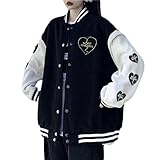 ORANDESIGNE Bomberjacke Damen Sweatjacke College Casual Sweat Jacket Taste Oversized Patchwork Jacke Vintage Druck Jacken Baseball Mantel Sport Jacke N Schwarz S