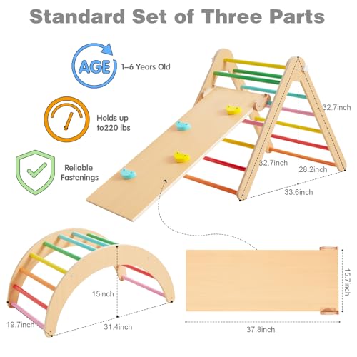 4 In 1 Pikler Triangle Gym, Montessori Foldable Climber with Ramp, Indoor for Kids, Climbing Triangle for Toddlers Arch Climber, Rocker, Learning Waldorf Children Toy Structure, Rainbow