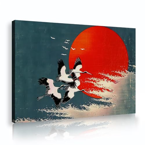 LAIZIHOME Japanese Crane Sunset Canvas Wall Art Asian Nature Prints