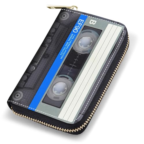 Credit Card Holder Wallets for Women, RFID Blocking Small Leather Card Case Wallet with Zipper Accordion Wallets, Retro Music Cassette - Main Image
