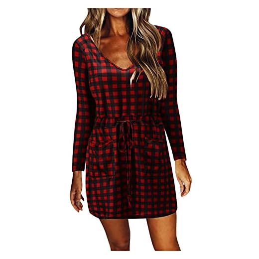 poliy Mode damer sexig V-ringad klänning vardaglig ficka långärmad klänning sommarklänning damer knälång klänning damer elegant, röd, 4XL