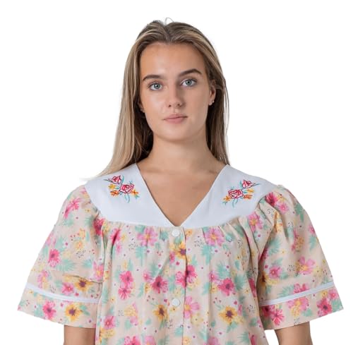 Image of Women's Short Sleeve Woven Snap-Front Closure Floral Embroidery Housecoat Duster Lounge Nightgown Robe with Front Pockets