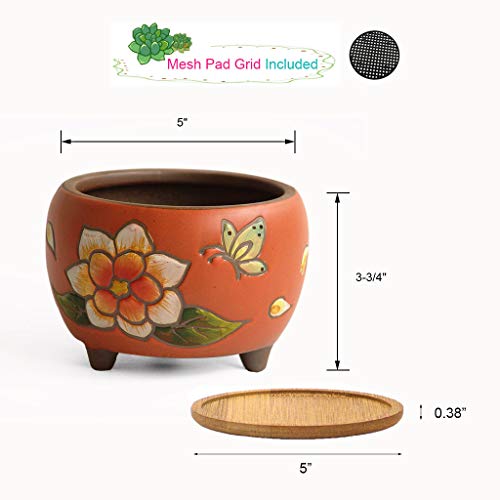 Summer Impressions 5 Inch Hand Painted Succulent Cactus Plant Pot Clay Pot Flower Pot Planter Container Floral Design With Drainage Hole Saucers (Deep Round Pack Of 4) #TOP6