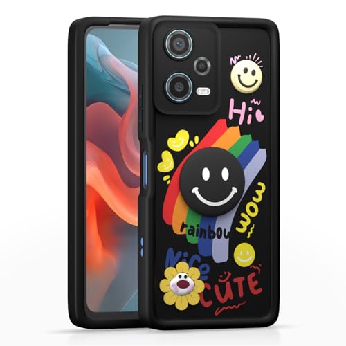 Image of Pikkme Back Cover for Redmi Note 12 Pro 5G | Soft Silicone| Cute Rainbow Smile & 3D Cartoon Flower Design | Shockproof Raised Camera Protection Bumper Case (Black)