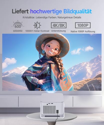 Alwtniet Mini Beamer Projektor 4K 8K Unterstützt, Full HD 1080P Smart Projector mit Android 14, WiFi 6 Bluetooth 5.4, Autofokus Auto Keystone 180°Dreh Beamer klein Heimkino Ultrakurzdistanz HY350MAX