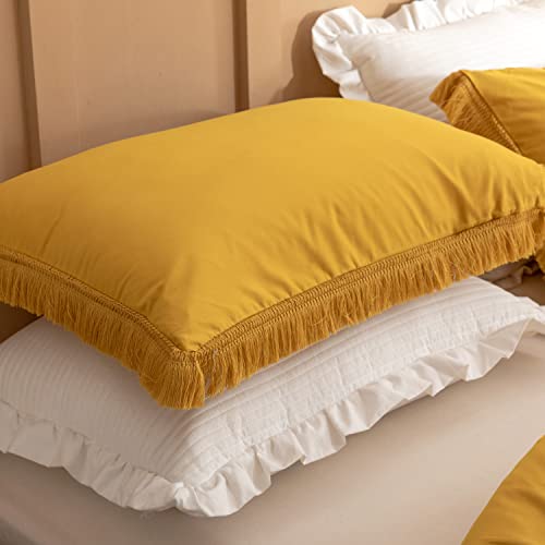 Smoofy 3Pcs Fringe Mustard Yellow Tassel Comforter Set Queen Boho Bohemian Cute Soft Tufted Microfiber Bedding Sets Modern Style For Men And Women (1Comforter + 2 Pillowcases) #TOP4