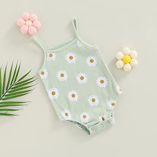 Newborn Baby Girl Spaghetti Strap Onesies Sleeveless Ribbed Knit Daisy Print Bodysuit Cute Summer Tank Romper (Green, 12-18 Months) #TOP2
