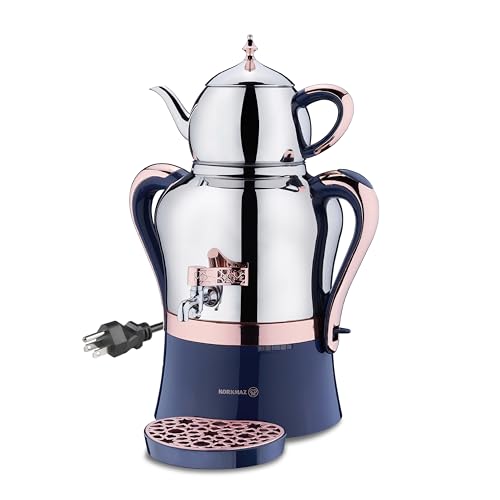 Korkmaz Hanedan A843-04 Stainless Steel Samovar, Upper Pot 1.3 L (43.9 Oz), Bottom Pot 3.5 L(118.3 Oz) Electric Turkish Tea Maker Set, Double Pots Tea Machine, Inox, Rosegold, 110 V US Plug, 5.1-Quart