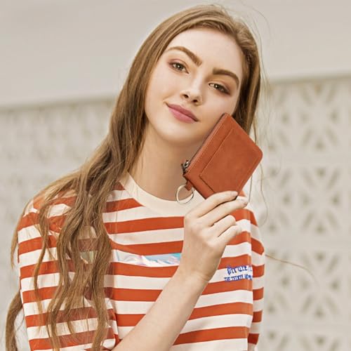 Image of S-ZONE Genuine Leather Coin Purse for Women Men, Zipper Pouch Pocket Wallet for Change, Cards with Keychain