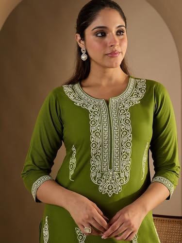 Image of INDO ERA Women's Viscose Rayon Floral Embroidered Straight Calf Length Kurta & Pant Set (IEAI11741)