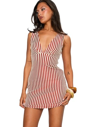 Princess Polly Princess Polly Daphney Plunge Mini Dress Red/Cream