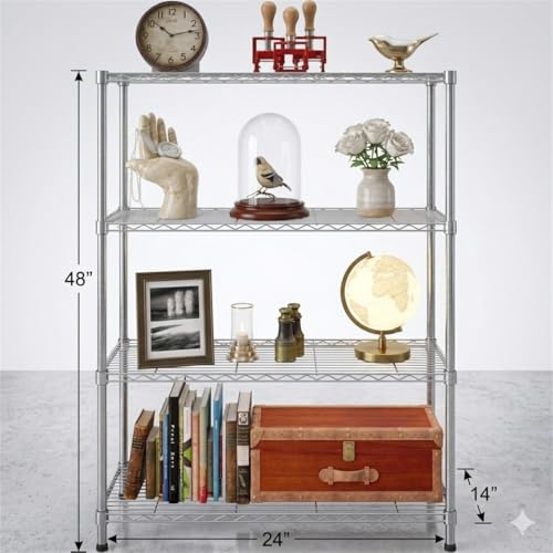 Image of Premium Heavy-Duty 4-Tier Chrome Metal Wire Storage Rack Shelf Organizer | Adjustable Multipurpose Freestanding Shelving Unit for Home, Office, Kitchen | Size 14 inch D x 24 inch W x 48 inch H Inch