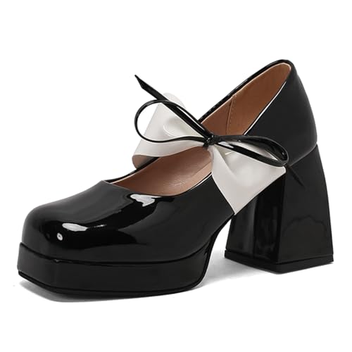 Alyaafifa Stylish High Heel Platform Pumps for Women Patent Leather Chunky Heels Closed Square Toe Mary Jane Dress Shoes with Bow Wedding Party Prom Evening Dating