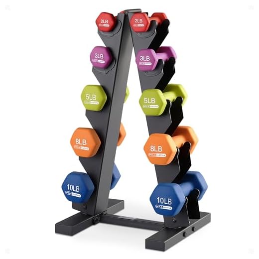 HolaHatha Hex Dumbbell Weight Traning Home Gym Equipment Set with 2, 3, 5, 8, and 10 Pound Fitness Hand Weight & Storage Organization Rack, Multicolor