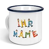 printplanet - Emaille-Tasse klein mit Namen personalisiert - Motiv Holzbuchstaben - Nostalgie-Becher, Camping-Tasse, Blechtasse, Farbe Blau, 300ml