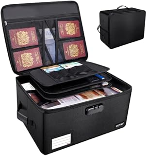 Fireproof Document Box File Organiser with Lock Hard Foldable Filing Box for Home Portable Certificates Office Storage Box Keeping Important Documents Letter Cash Passport Bill Cards Tablet Book