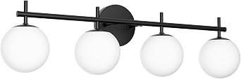Ralbay Mid Century Modern Bathroom Vanity Lights 4 Lights Milk White Glass Globe Matte Black Bathroom Lighting Fixtures Bath Vanity Lights Over Mirror Exclude G9 Bulb