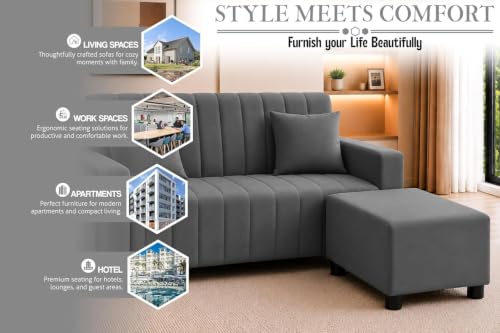 Image of Rosebell 2 Seater Sofa Set with Ottoman | Living Room Couch | with Cushions | Sofa for Home, Office & Apartment-Grey Color
