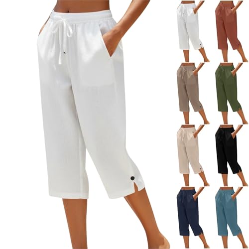 Plus Size Capris for Curvy Women Capri Pants for Women Plus Size Straight Leg Drawstring Elastic Waist Linen Pant Lightweight Loose Casual Summer Clothes(White X-Large)