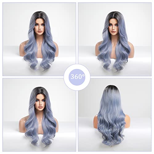 YUSHU Blue Wigs for Women Light Blue Ombre Wig Wavy Dark Roots Wig Middle Part Heat Resistant Synthetic Hair for Daily Halloween Cosplay Wig (Blue, 26 Inch) - Thumbnail 3