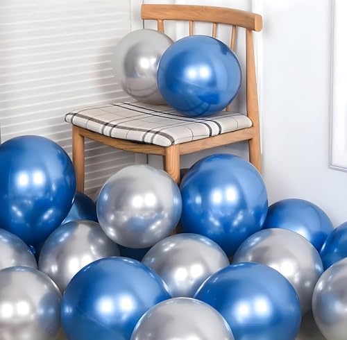 Image of Chrome Balloon for Birthday Decoration Kit Metallic Blue & Silver 20 pcs Latex Glossy Finish Party Balloons for Wedding, Anniversary Celebration 10 Inch Helium & Air Supported