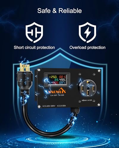 Image of 50A AC Power Meter, L14-30P to NEMA 14-50R Outlet Monitor for Generator, 240V LCD Display Digital Multimeter Tester, 30A to 50A Multifunction Energy Monitor
