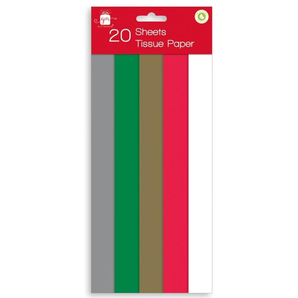Giftmaker Collection 20 Sheets of Christmas Tissue Paper Plain Traditional Festive Colours Card & Gift Decoration (1 Pack)
