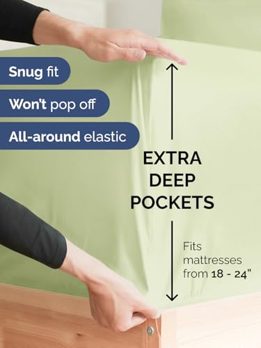 Image of Extra Deep Queen Fitted Sheet - Single Fitted Sheet Only - Light Sage Green | Easily Fits 18 inch to 24 inch Mattress, Soft, Wrinkle Free, Breathable & Comfy, Extra Deep Pockets Hotel Luxury Fitted Sheet