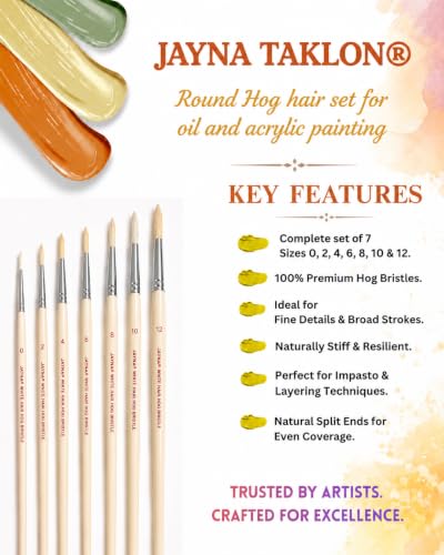 Image of Pure Hog Hair Round Paint Brush Set | Natural Bristle Artist Brushes for Oil & Acrylic Painting, Smooth Color Blending, Fine Detailing & Professional Art Creations | Sizes 0-12, Set of 7