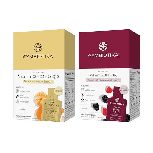 CYMBIOTIKA Liposomal Vitamin B12 + B6 & Vitamin D3 + K2 + CoQ10 Cellular Energy Joint + Bone Brain + Heart Health Nerve Function Immune Support High Absorption 2 x 12 5 mL Liquid Supplements