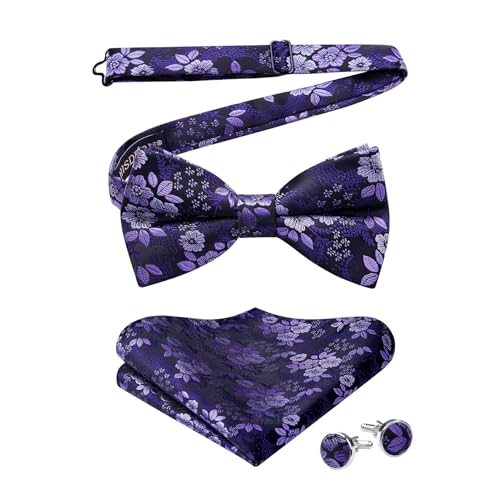 Image of HISDERN Bow Ties for Men Pre-Tied Bow Tie Floral Paisley Handkerchief Classic Formal Bowtie and Pocket Square Cufflinks Set
