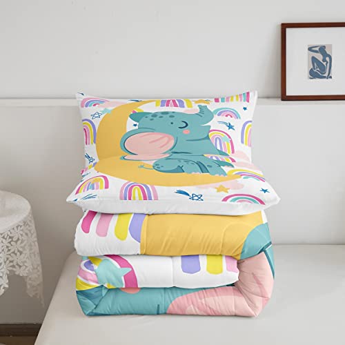 Feelyou Rainbow Comforter Set Colorful Stripes Bedding Set Elephant Print Comforter Cute Animal Quilted Duvet Set For Kids Boys Girls Twin Size Bedding Collection 2Pcs #TOP4