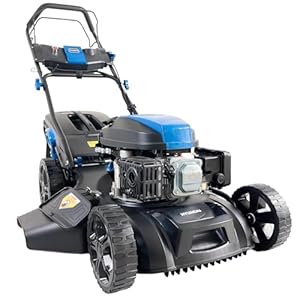 Hyundai Tondeuse à Gazon Thermique 51 cm autotractée avec démarrage électrique, Moteur 4-Temps 196 CC, système 4-en-1 Mulching/ramassage/éjection latérale et éjection arrière, bac 60 L, Edition Noire