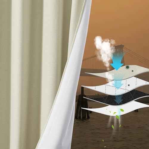 NICETOWN Dust Isolate Sound Barrier 100% Blackout Beige Faux Linen Curtains 84" Long Set of 2, Non-Oily Particle, Noise, Cold & Cold Blocking Drapes M