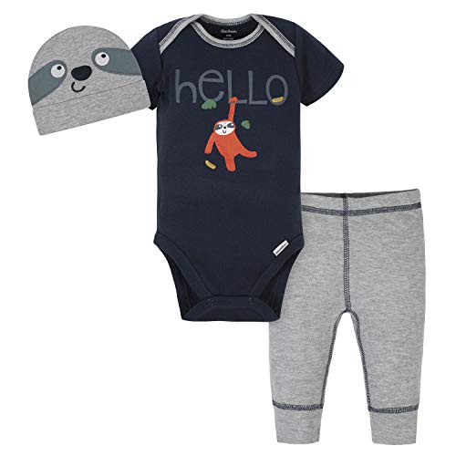 Gerber Baby Boys' 3-Piece Bodysuit, Pant and Cap Set, Grey Sloth, 3-6 Months